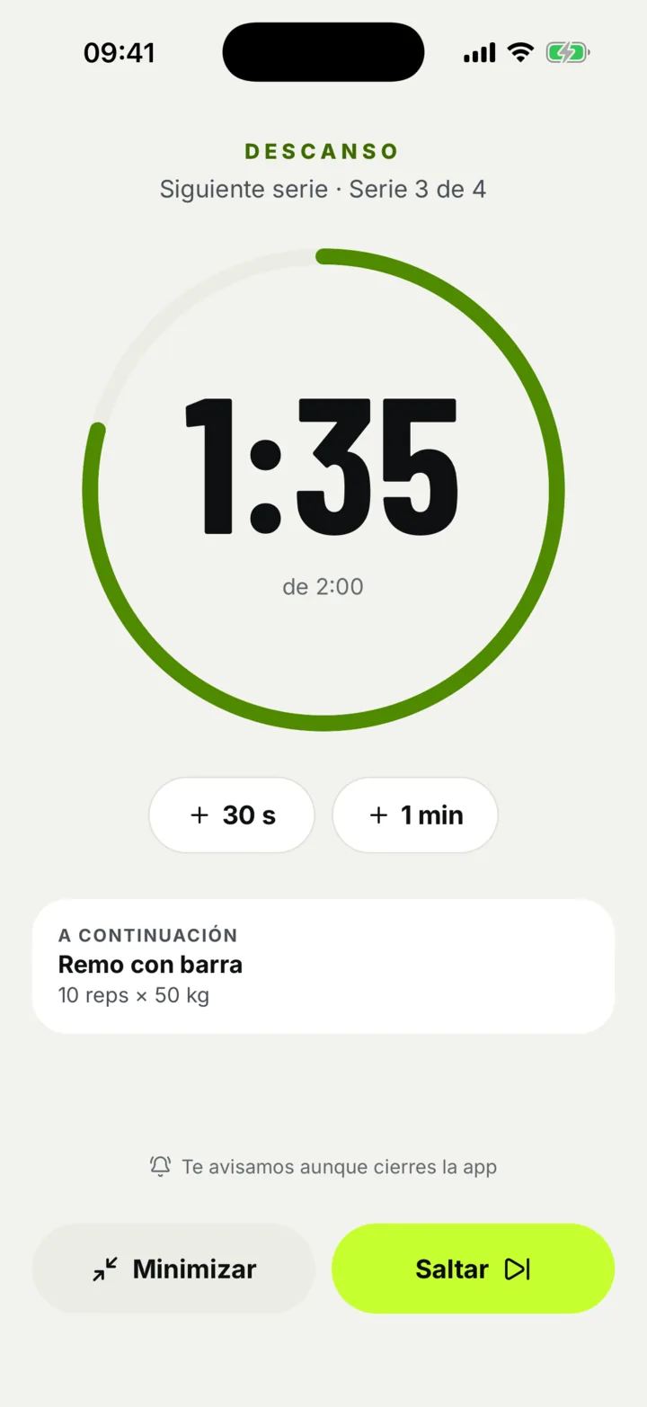 Temporizador de descanso con botones para sumar 30 segundos o 1 minuto