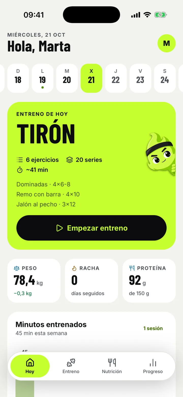 Pantalla Hoy de la app: el entreno del día, la racha, el peso y la proteína